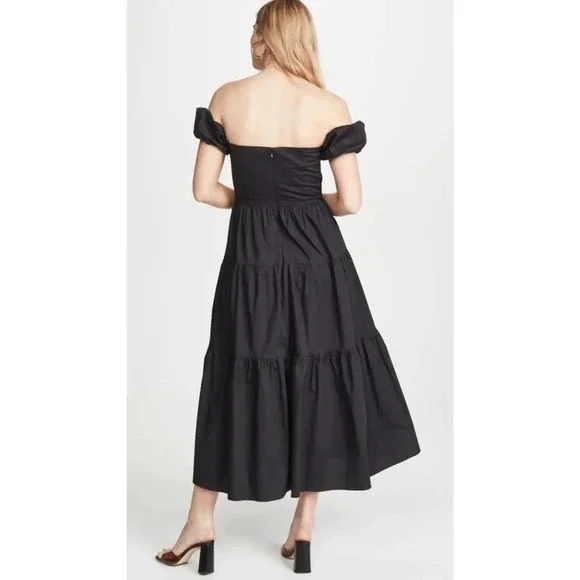 Staud Elio Cotton Poplin Off Shoulder Black Midi Dress Size 12 - Picture 2 of 9